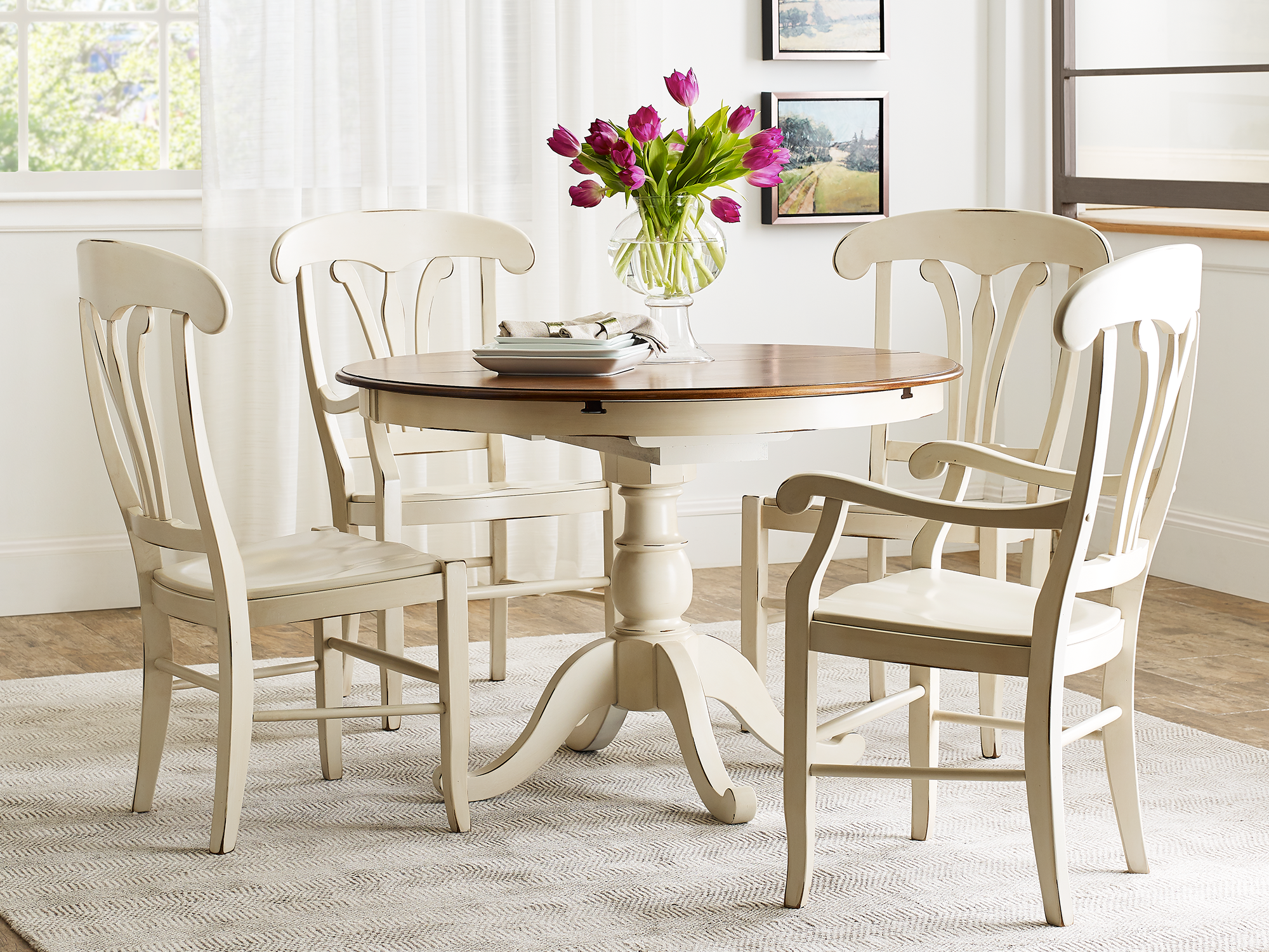 Nichols & Stone by Stickley — Stockbridge pedestal dining table and Windsor-style chairs in a solid cherry wood finish.