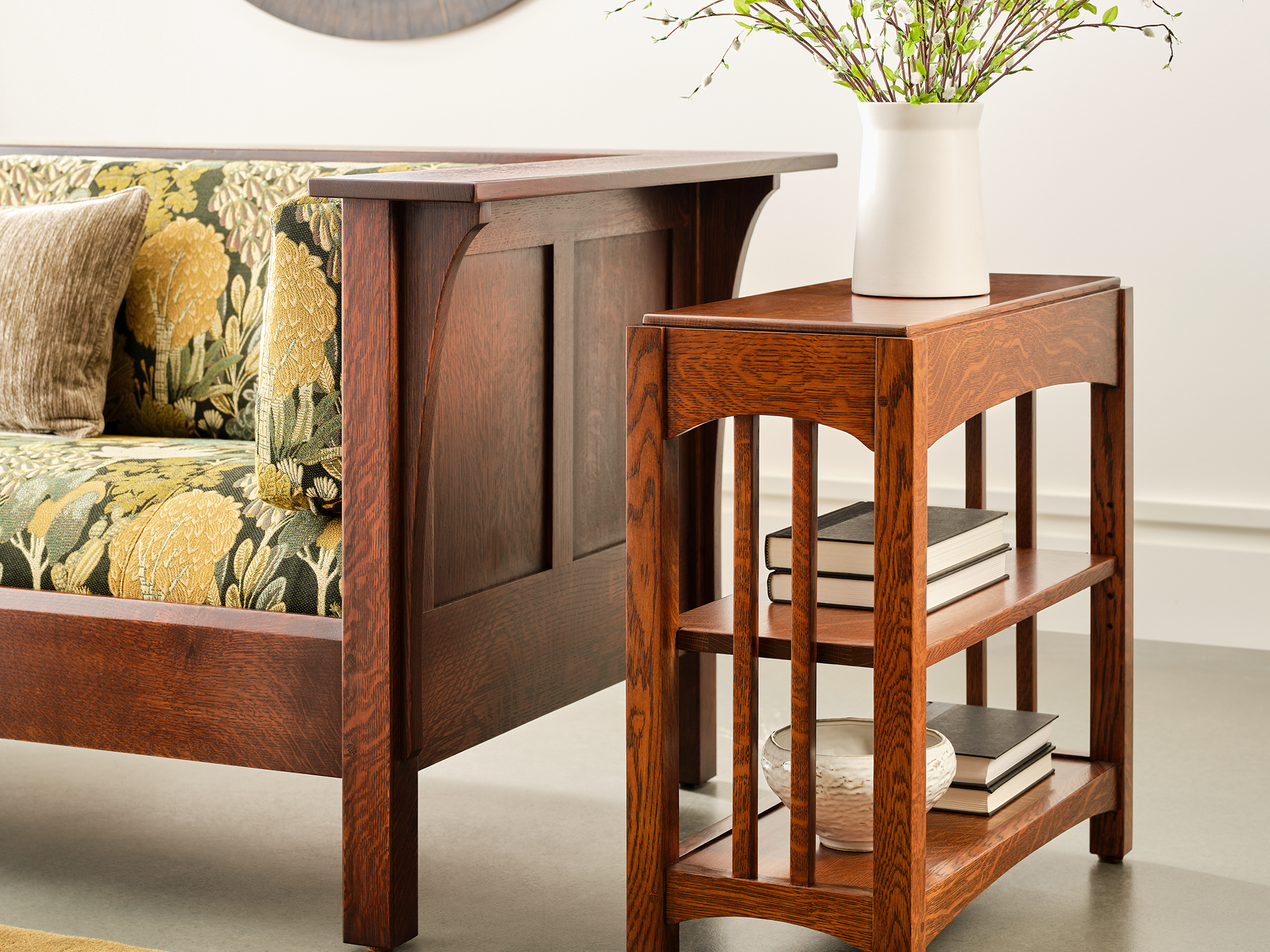 Stickley Little Treasures Collection — compact solid oak bookcase with three open shelves and a small footprint for home accents.