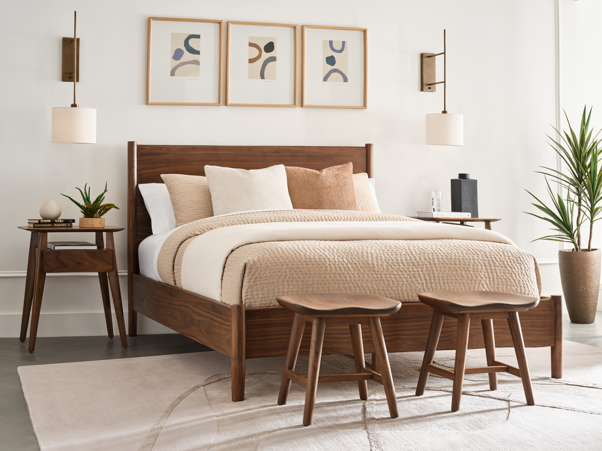 Stickley Walnut Grove Collection — mid-century modern solid walnut bedroom furniture featuring the Walnut Grove Studio Bed with an upholstered headboard.