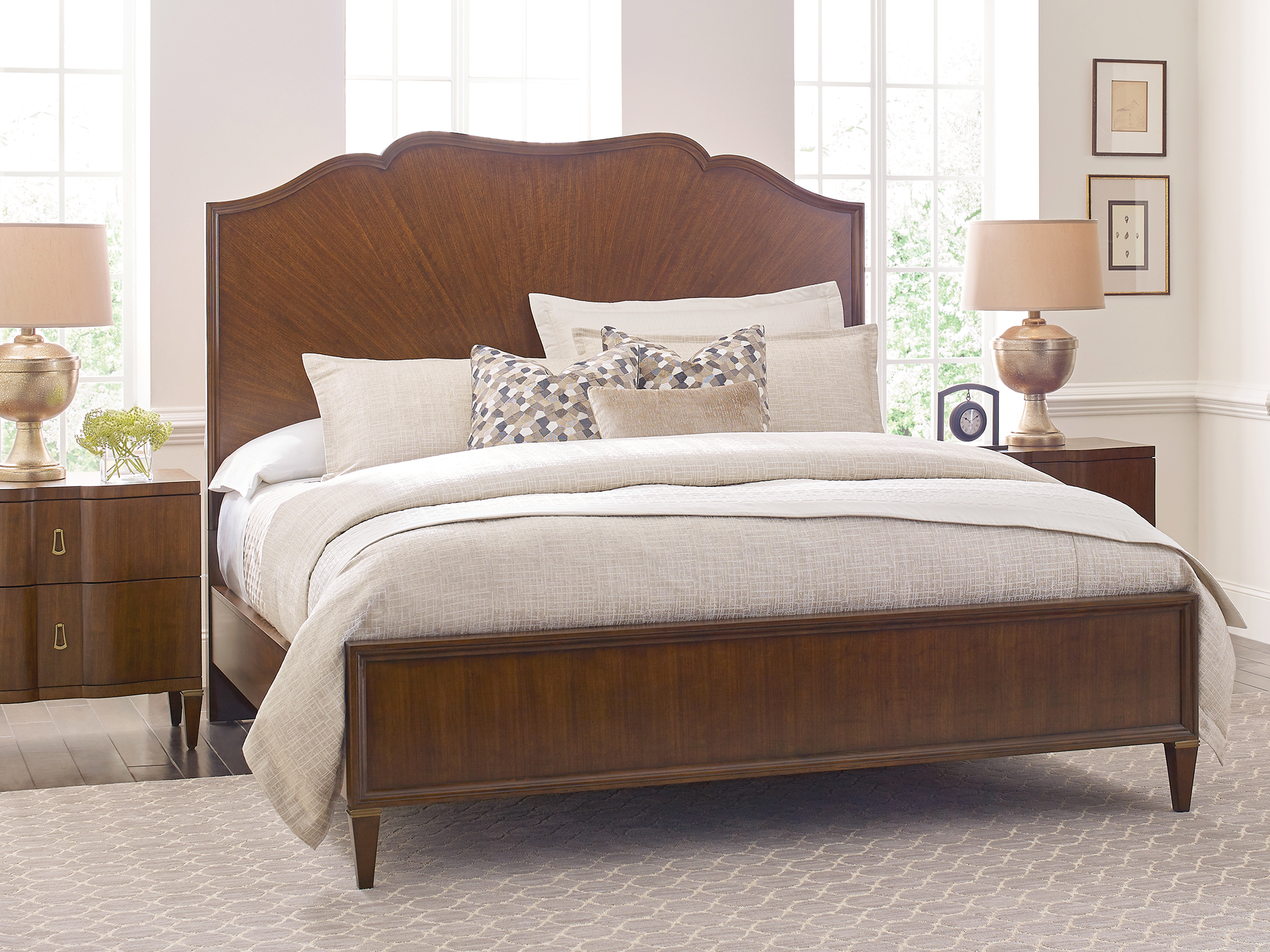 American Drew Vantage Collection — transitional bedroom set featuring the Carlisle sunburst walnut veneer panel bed and Richfield nightstand with cedar-lined drawers and built-in USB/power charging stations.