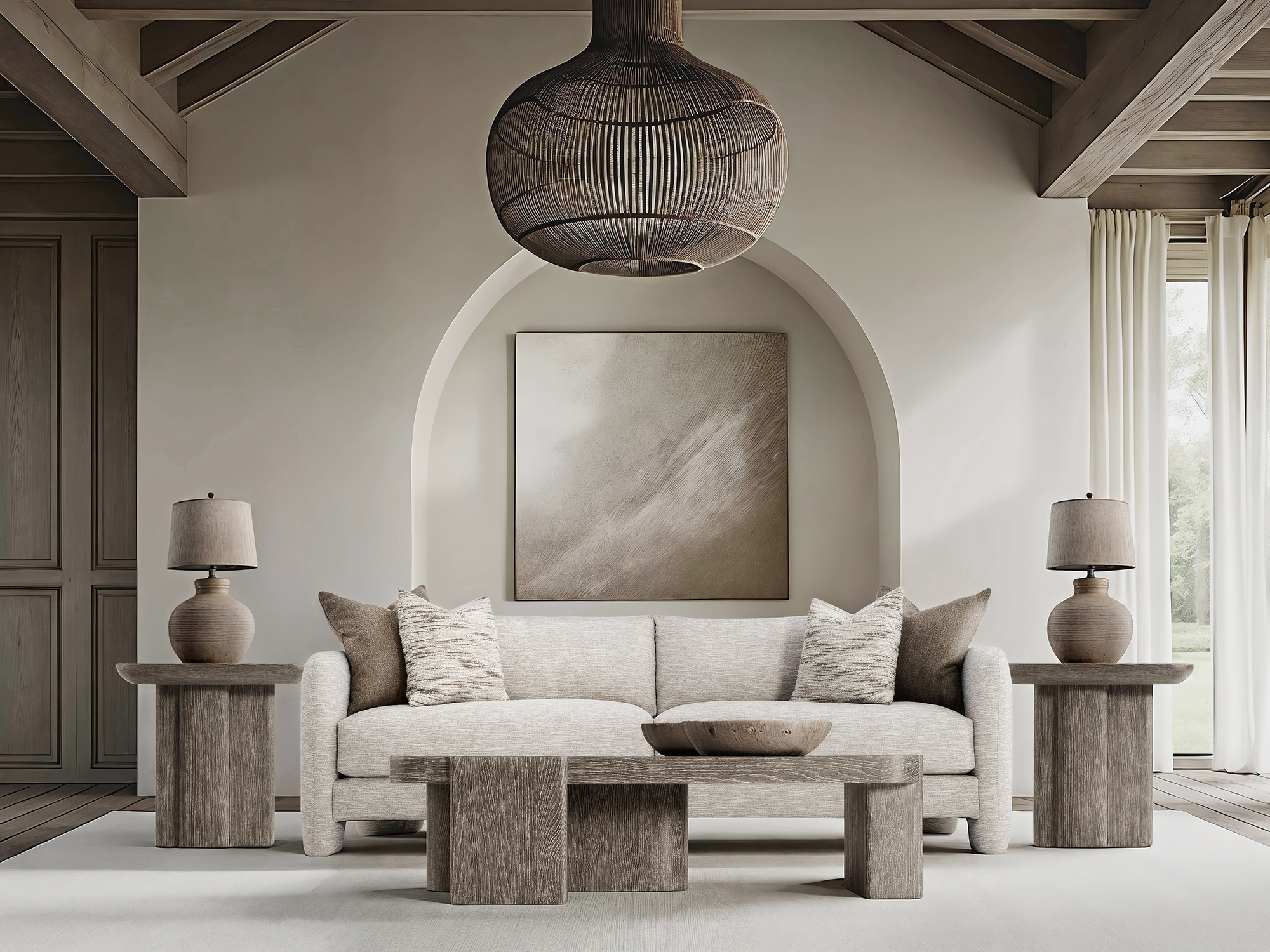 Bernhardt Monolith — serene organic-modern living room featuring a tailored cream sofa, sculptural oak nesting-style coffee and end tables, and a large wicker globe pendant, all centered within an elegant arched alcove and vaulted beam ceiling.