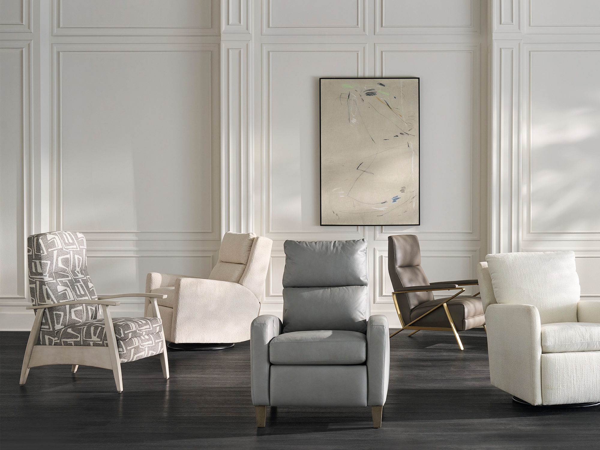 Fairfield Chair — modern and transitional seating gallery featuring Fairfield Motion. Includes the mid-century L-412C-PR with gold-finished frame and the classic 471C-MR leather recliner, showcasing diverse silhouettes and tailored comfort.